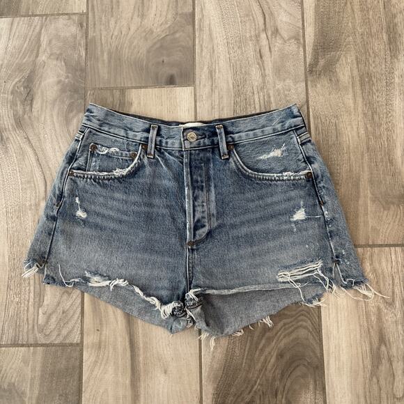 Agolde Denim Shorts Blue Jaden Cut Off Distressed Button Fly High Rise Size 28 - Picture 1 of 10